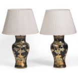 A PAIR OF BLACK LACQUERED CHINOISERIE DECORATED PAPIER MACHE TABLE LAMPS of baluster form, each with