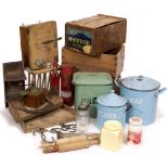 A COLLECTION OF VINTAGE KITCHENALIA to include rolling pins, kilner jars, enamel bread bins, plate