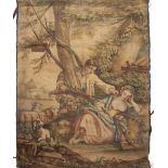 A SET OF THREE FRENCH LATE 19TH CENTURY HAND PAINTED HANGING BANNERS OR TAPESTRIES depicting various