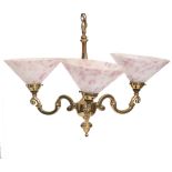 A BRASS HANGING CEILING LIGHT with three scrolling branches, each with conical pink and white