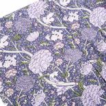 A PAIR OF LINEN FABRIC CURTAINS in a William Morris style pattern, on a purple ground, 293cm drop