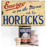 A COLLECTION OF HORLICK'S ADVERTISING WARE to include 20th Century tin and enamel sign,
