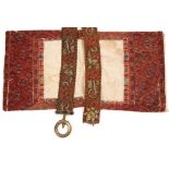 AN ANTIQUE EMBROIDERED PANEL 86cm x 43cm and a 19th century tapestry embroidered curtain tie back