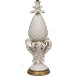 A WHITE GLAZED POTTERY TABLE LAMP in the form of a pineapple on a turned gilt wood socle, the lamp