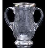 AN EARLY 20TH CENTURY ETCHED GLASS BALUSTER VASE with scrolling handles and with silver rim, marks