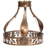 A 20TH CENTURY COPPER LIGHT FITTING with pierced foliate decoration and fittings for three bulbs,