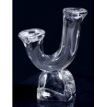 A 20TH CENTURY DAUM OF FRANCE MOULDED GLASS TWO BRANCH CANDLESTICK with etched signature to the base