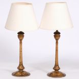 A PAIR OF EARLY 20TH CENTURY SATIN BIRCH PENWORK DECORATED TABLE LAMPS with slender columns and