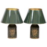 A PAIR OF TOLEWARE GREEN PAINTED AND PARCEL GILT TABLE LAMPS in the form of small tea canisters