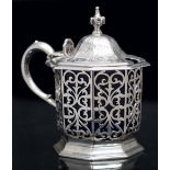 AN EARLY VICTORIAN SILVER TANKARD MUSTARD, of octagonal section, the sides pierce decorated with