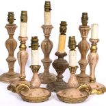 A GROUP OF VARIOUS CONTINENTAL CARVED WOOD AND PAINTED AND PARCEL GILT TABLE LAMPS the largest 37.