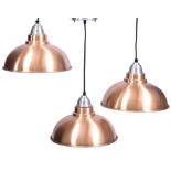 A SET OF THREE INDUSTRIAL STYLE SPUN COPPER HANGING LIGHT SHADES AND FITTINGS 30.5cm diameter (3)