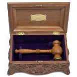 A GEORGE VI CARVED BOXWOOD CEREMONIAL BRASS BOUND GAVEL used to launch HMS Blake by Lady Blake on