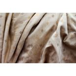 A PAIR OF LINEN FABRIC CURTAINS on a cream ground with repeating pattern (fully lined), a pair,