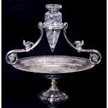 A LATE 19TH / EARLY 20TH CENTURY SILVER PLATED EPERGNE scrolling arms with bird on ball finials