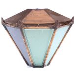 A HEXAGONAL COPPER AND FROSTED GLASS STREET LANTERN 55cm wide x 44cm high