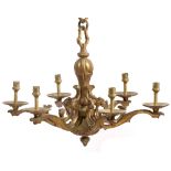 AN 18TH CENTURY STYLE BRASS SIX BRANCH CHANDELIER or electrolier with scroll decoration 44cm high