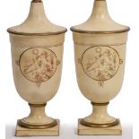 A PAIR OF CONTEMPORARY CREAM PAINTED TABLE LAMPS of baluster form standing on circular spreading