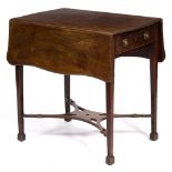 A GEORGE III MAHOGANY SERPENTINE TOPPED PEMBROKE TABLE with single frieze drawer, standing on square