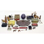 A GROUP OF MISCELLANEOUS ITEMS to include an old silver plated oval teapot stand, various tins,