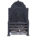 AN ANTIQUE CAST IRON FIRE BACK depicting classical figures set behind a fire grate, 48cm wide x 29cm