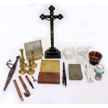 AN OLD CRUCIFIX with mother of pearl inlay together with a mantle timepiece, two pairs of old