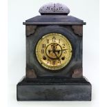 A LATE 19TH CENTURY SLATE MANTLE CLOCK the brass dial with Arabic numerals, 14.5cm diameter x