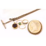 A YELLOW METAL WATCH CHAIN. a cameo brooch in yellow metal mounts, an agate seal in 9ct gold