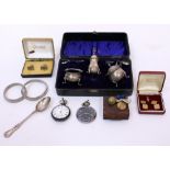 A PART SILVER CRUET SET a set of 9ct gold cufflinks, a military pocket watch, a silver pocket watch,