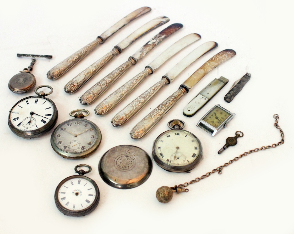 SILVER AND SILVER PLATED POCKET WATCHES silvered handled butter or fruit knives, folding fruit knife