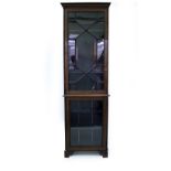 AN EDWARDIAN MAHOGANY INLAID GLAZED BOOKCASE with cupboard base, with husk and swag decoration,