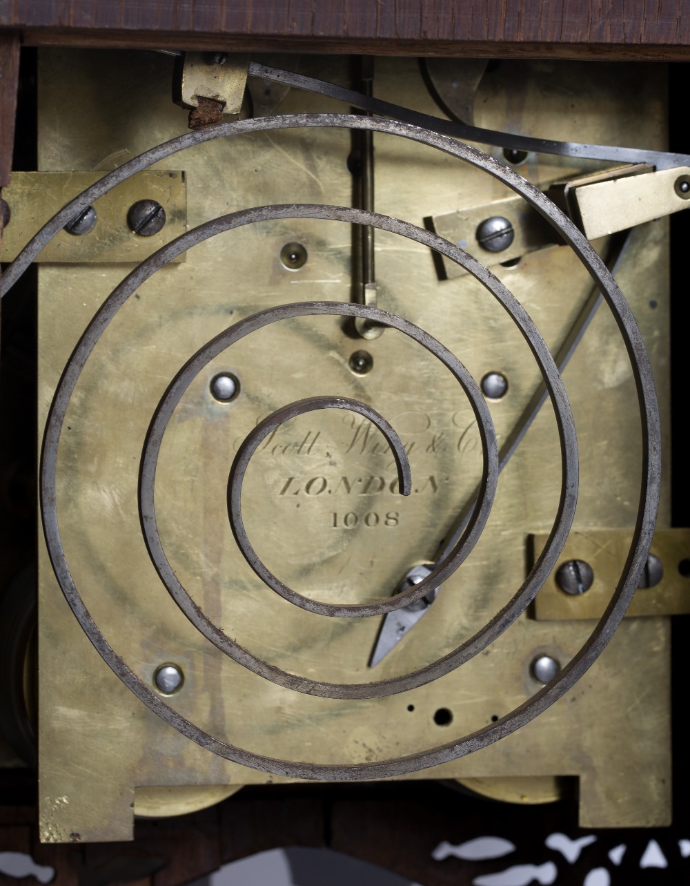 AN OAK GOTHIC REVIVAL BRACKET CLOCK with chip carved decoration to the case and with outset turned - Image 2 of 2