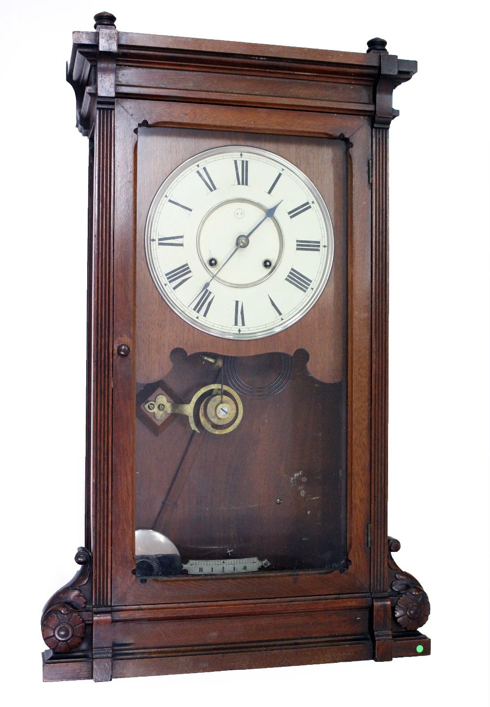 A 20TH CENTURY MAHOGANY CASED VIENNA STYLE WALL CLOCK with tin plates, dial and Roman numerals, with