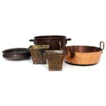 AN OLD HEAVY COPPER JAM PAN 40.5cm diameter together with four further pieces of copper and brass