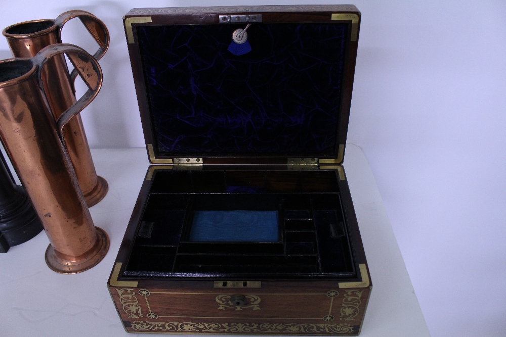 A VICTORIAN ROSEWOOD JEWELLERY BOX with decorative brass inlay, 33cm wide x 25cm deep x 16cm high - Image 3 of 3