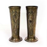 A PAIR OF ARTS & CRAFTS BRASS TAPERING VASES with marks for Beldray and the impressed initial '