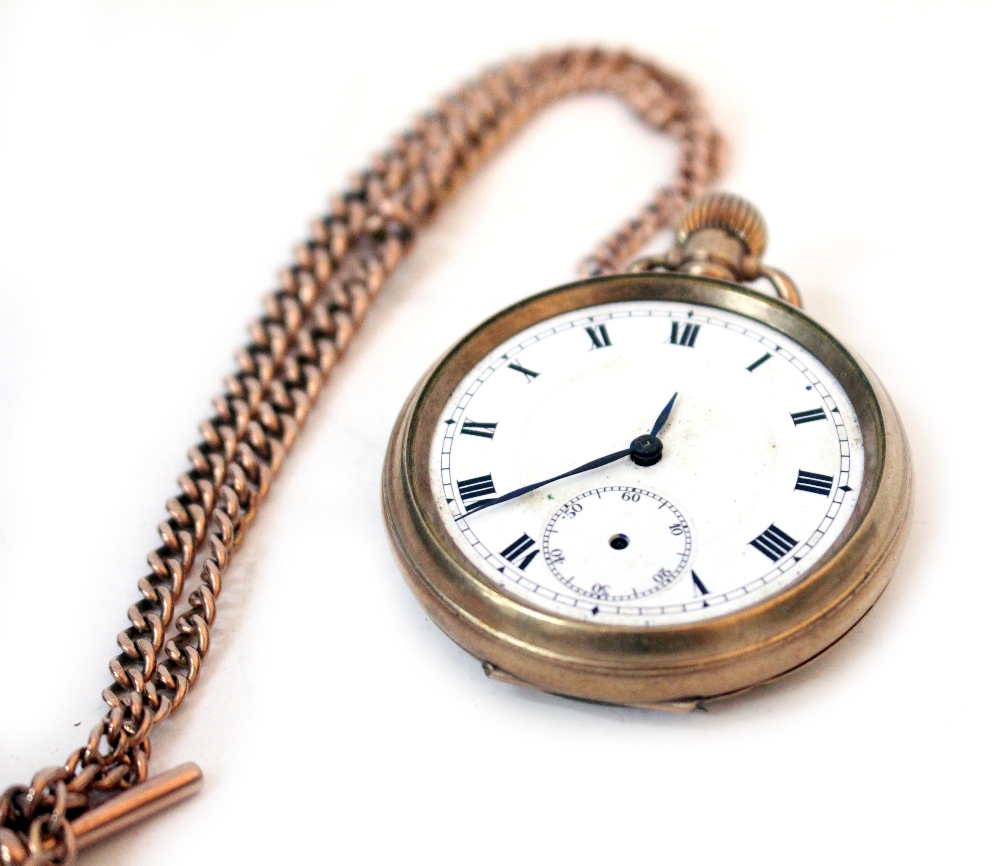 A LATE 19TH / EARLY 20TH CENTURY GOLD PLATED POCKET WATCH with white enamel dial and subsidiary dial