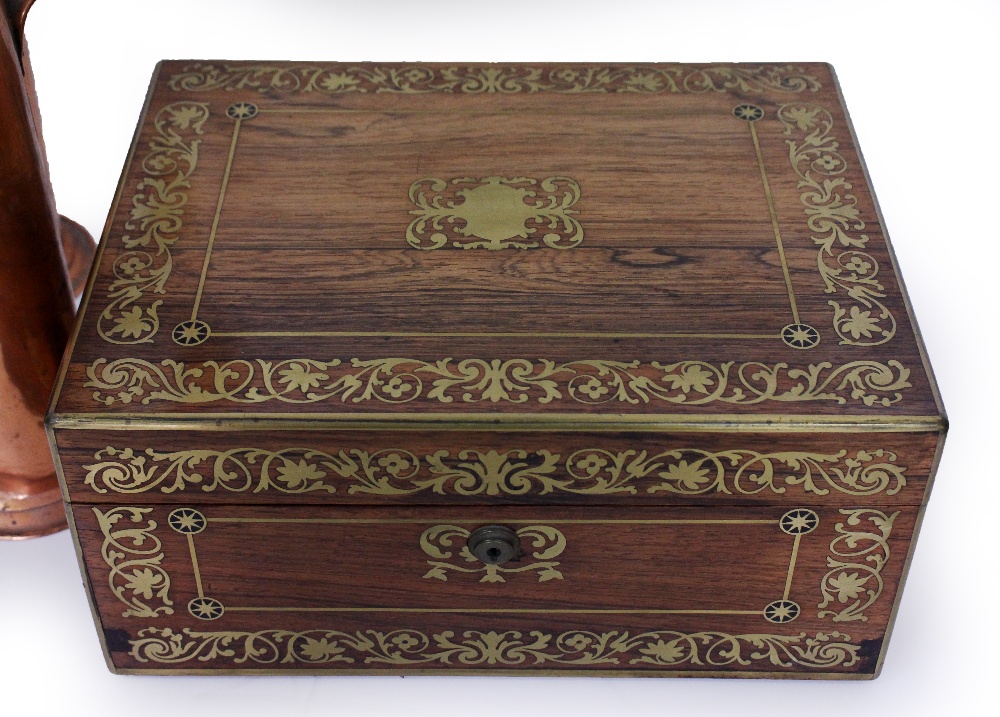 A VICTORIAN ROSEWOOD JEWELLERY BOX with decorative brass inlay, 33cm wide x 25cm deep x 16cm high - Image 2 of 3