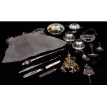 A WHITE METAL CHAIN BAG and folding fruit fork, button hooks, white metal dishes and three silver