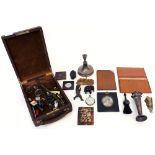 AN OLD JEWELLERY BOX containing a quantity of miscellaneous items to include a silver trumpet