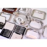 A GROUP OF VARIOUS SILVER PLATED ENTREE DISHES silver plated tea caddy (lid detached) and a small