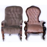 A VICTORIAN BROWN BUTTON UPHOLSTERED ARMCHAIR with turned front legs, 63cm wide together with a