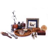 A COLLECTION OF VARIOUS ITEMS to include three silver plated spirit flasks, a table lighter, a