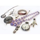 A SILVER POCKET WATCH, a selection of costume jewellery, ladies watch, moonstone necklace, animal