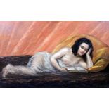 20TH CENTURY SCHOOL A lady lying in her bed reading a book, oil on board, indistinctly signed top