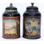 A PAIR OF CONTEMPORARY TOLEWARE PAINTED CANISTER STYLE TABLE LAMPS with hand painted scenes 33cm
