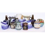 A GROUP OF VICTORIAN AND LATER JUGS AND FURTHER CERAMICS to include a pair of Royal Doulton bottle