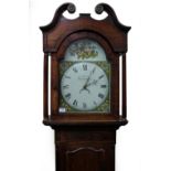 AN OAK 30 HOUR LONG CASE CLOCK with mahogany inlaid decoration to the case, the floral painted