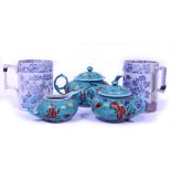 A 20TH CENTURY CHINESE PART BACHELORS TEA SET on turquoise ground, decorated with insects and