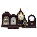 A GROUP OF FIVE VARIOUS MANTLE CLOCKS the largest 34cm high (5)